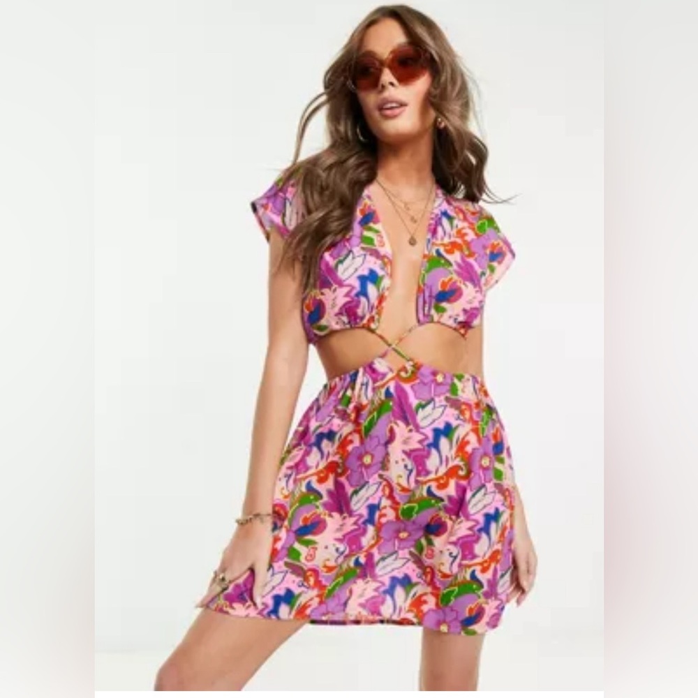 ASOS DESIGN cut out lattice waist mini beach dress in bold floral print